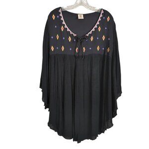 Gypsy‎ Rose Black Embroidered Poncho Top With Tie Neck Flowing Sleeves Boho sz M
